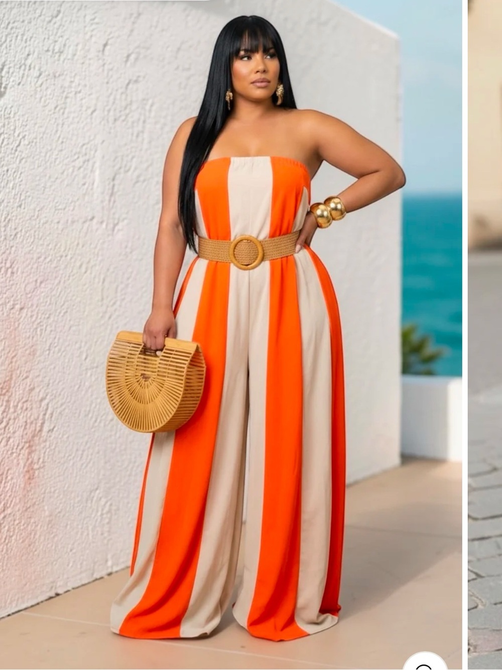 Striped Orange and Cream Strapless Wide-Leg Jumpsuit (belt not included)